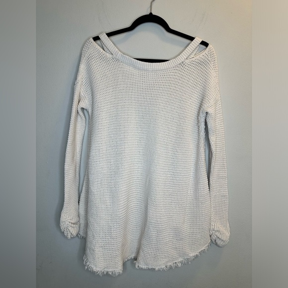 Free People Sweater Womens SP Cream Moonshine Waffle Knit Cold Shoulder V Neck - Picture 2 of 7